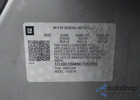 2019 Chevrolet Cruze Lt z USA, uszkodzony, nr VIN 1G1BE5SM0K7102280